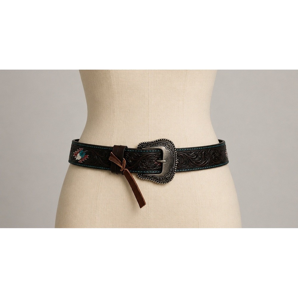 Catchfly Studio Dark Brown Tooled Leather Western Belt Turquoise Feather Detail